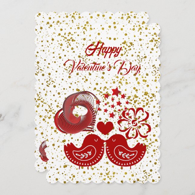 Valentines Day Sweeping Heart Love Birds Gold Card (Front/Back)