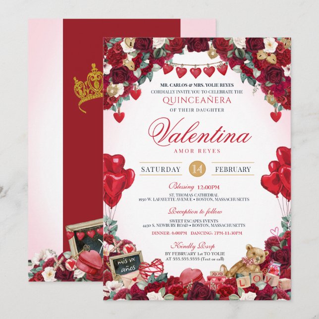 Valentine's Day Sweet 15 Birthday Quinceanera  Invitation (Front/Back)