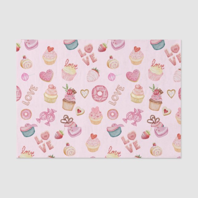 Valentine's Day Sweets and Cupcakes Pink Tissue Paper (Front)