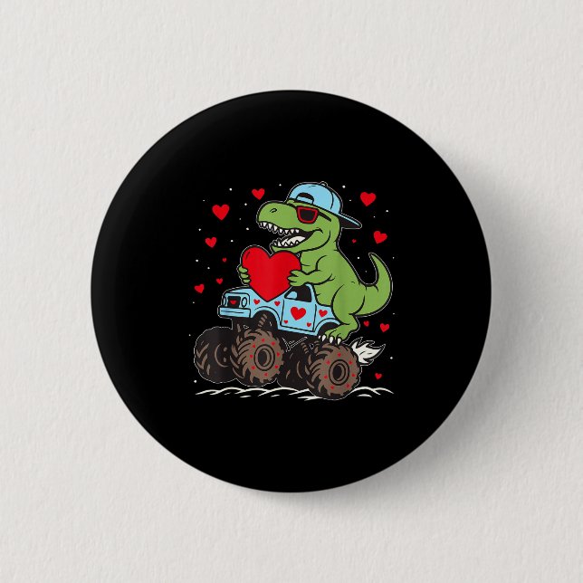 Valentines Day T Rex Riding Monster Truck Funny To 6 Cm Round Badge (Front)