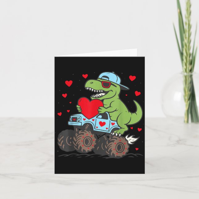 Valentines Day T Rex Riding Monster Truck Funny To Card (Front)
