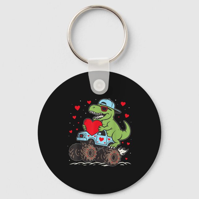 Valentines Day T Rex Riding Monster Truck Funny To Key Ring (Front)