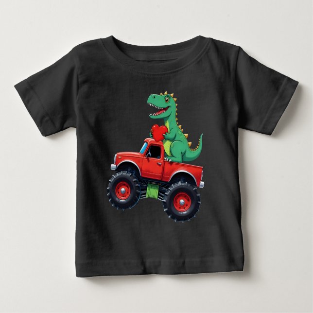 Valentines Day T Rex Riding Monster Truck Toddler Baby T-Shirt (Front)