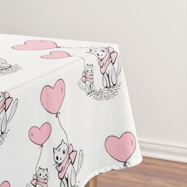 Valentine's Day Tablecloth Cat Pink Hearts  (In Situ)