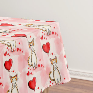 Valentine's Day Tablecloth Cat Red Hearts