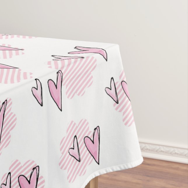 Valentine's Day Tablecloth Pink Hearts Stripe  (In Situ)