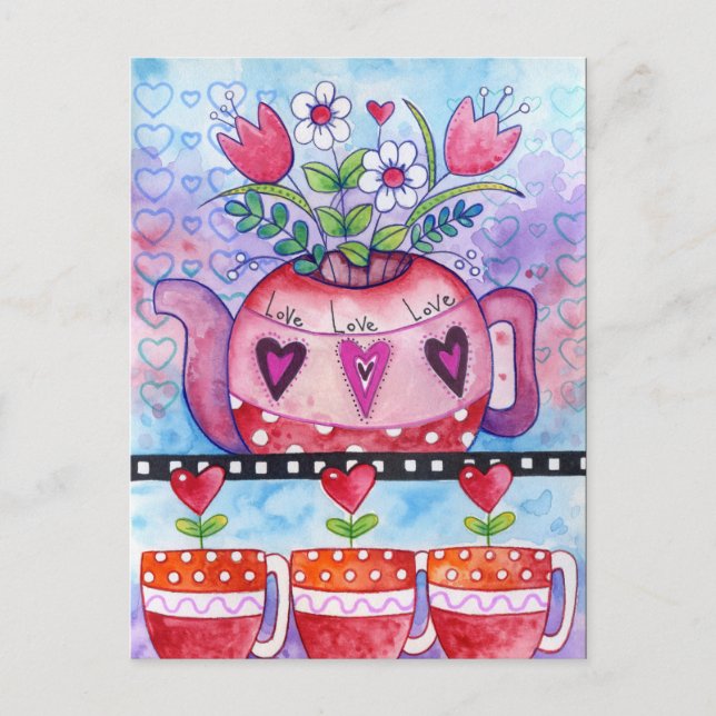 Valentine's Day Tea Pot and Whimsical Hearts Holiday Postcard (Front)