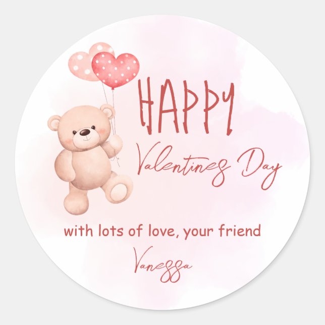 Valentines day teddy bear friends personalised classic round sticker (Front)