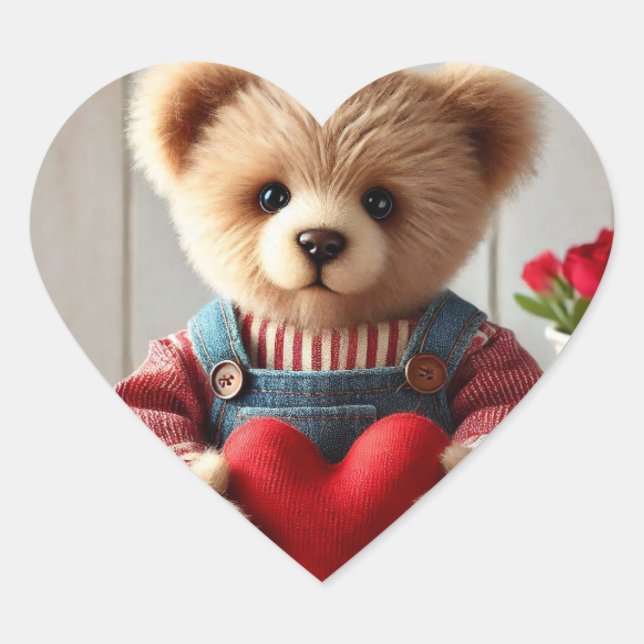 Valentine's Day Teddy Bear Heart Sticker (Front)