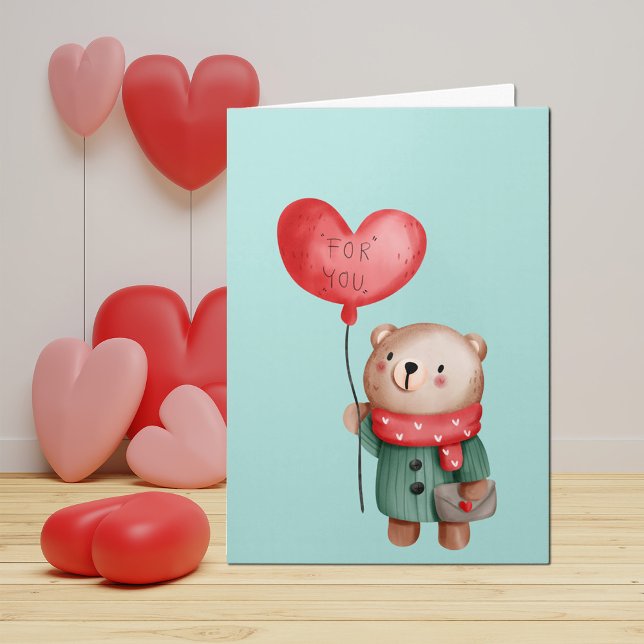 Valentine's Day teddy bear holding love balloon Card (Creator Uploaded)
