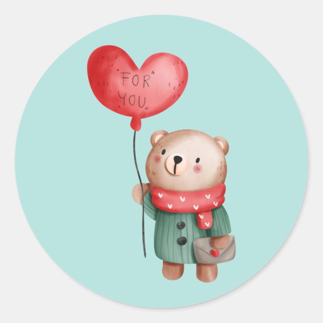 Valentine's Day teddy bear holding love balloon Classic Round Sticker (Front)