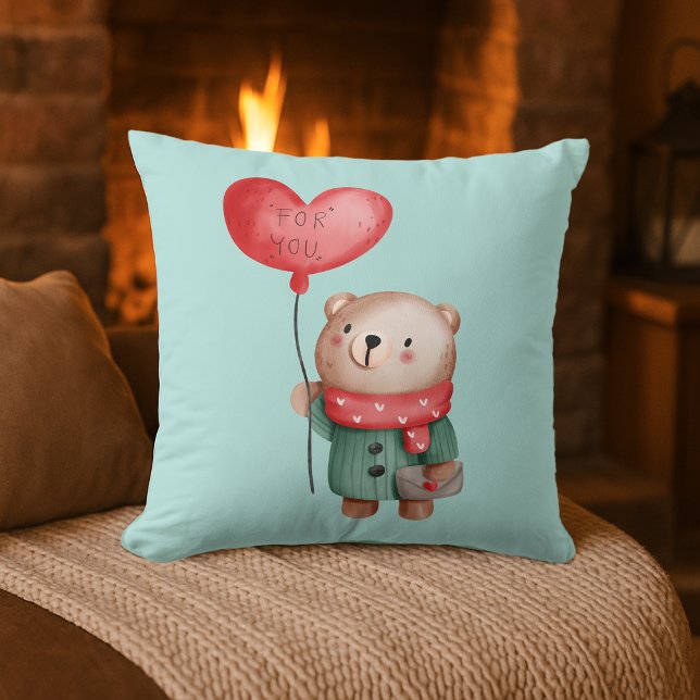 Valentine's Day teddy bear holding love balloon  Cushion (Creator Uploaded)