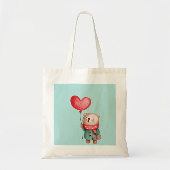 Valentine's Day teddy bear holding love balloon Tote Bag (Front)