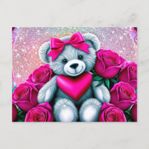 Valentine's Day Teddy Bear with Roses Holiday Postcard