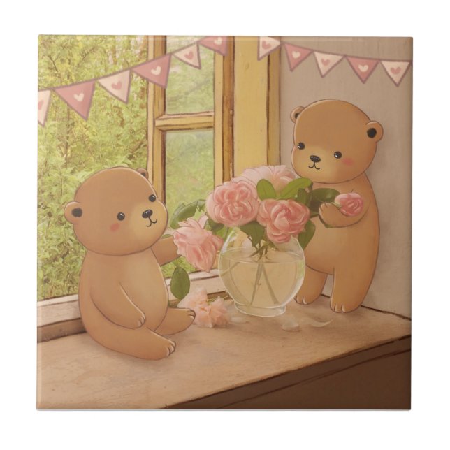 Valentine's Day: Teddy Bears & Flowers Ceramic Tile (Front)