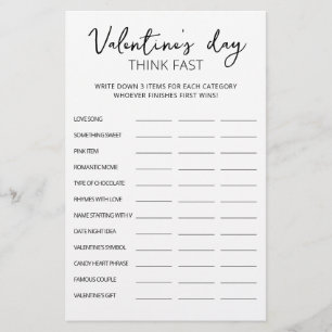 Valentine's day Think Fast, Think Quick party game