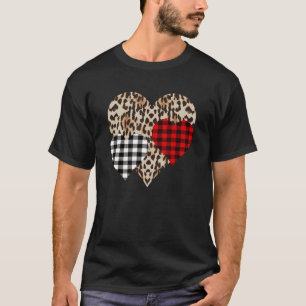Valentines Day Three Hearts Leopard Buffalo Plaid T-Shirt