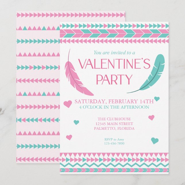 Valentine's Day Tribal Pink Teal Feathers Party Invitation (Front/Back)