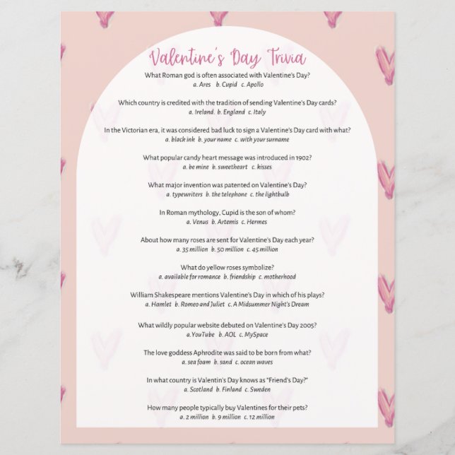 Valentine's Day Trivia Game With Answers (Front)