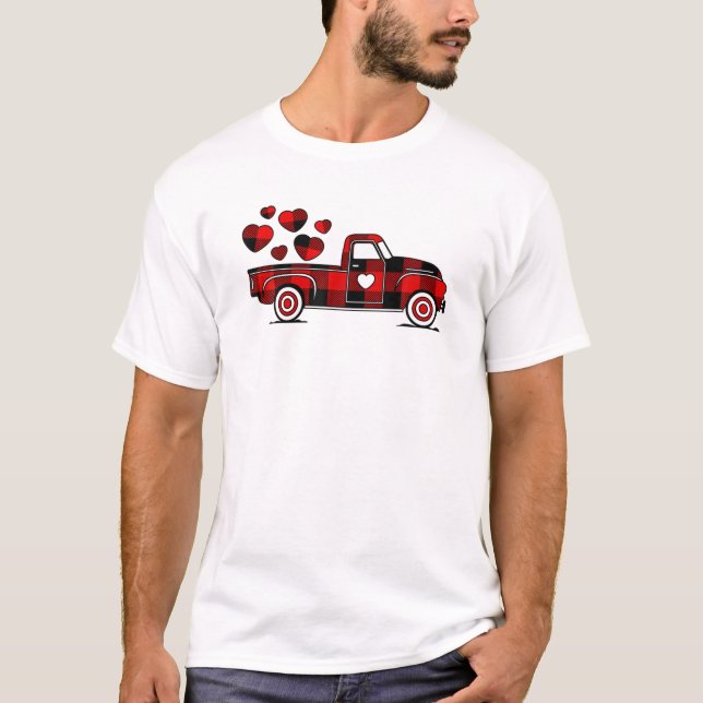 Valentines Day Truck Red Buffalo Plaid Heart Love T-Shirt (Front)