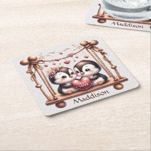 Valentines Day True Love Penquins on the Swing Square Paper Coaster