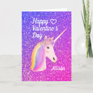 Valentines Day Unicorn Purple Pink Glitter Name Holiday Card