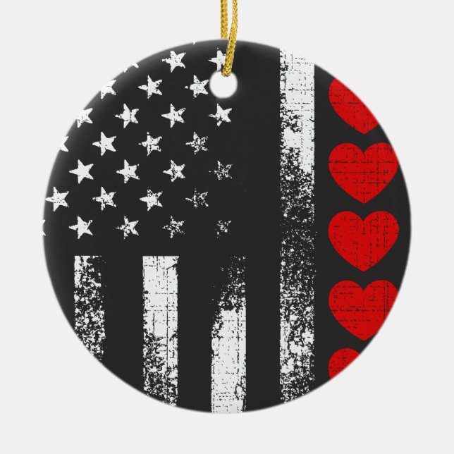 Valentines Day US American Flag Heart Patriotic Ceramic Ornament (Front)