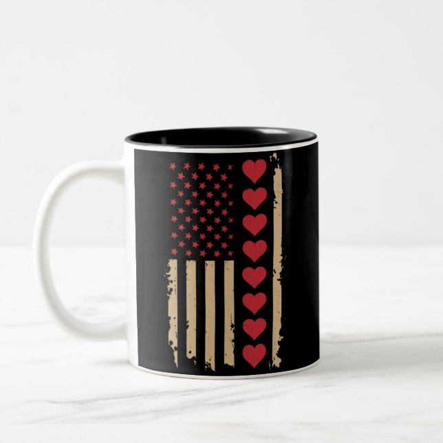 Valentine's Day US Flag Hearts  Two-Tone Coffee Mug (Left)