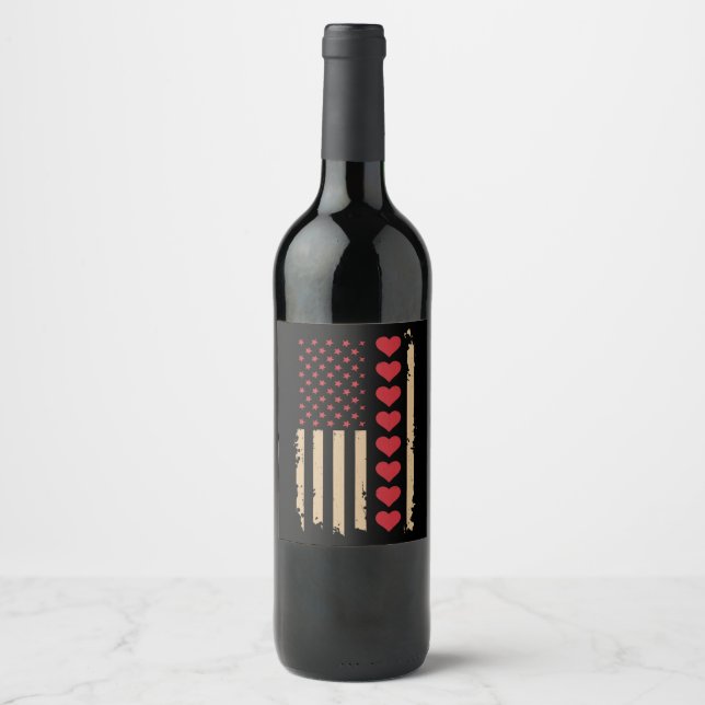 Valentine's Day US Flag Hearts  Wine Label (Front)