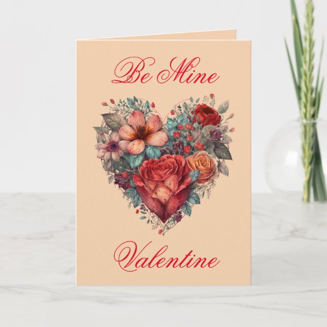 Valentines Day Vintage Heart and Flowers Card (Front)