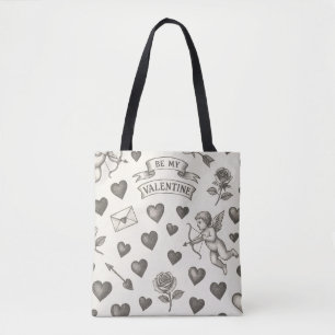 Valentine's Day Vintage Pattern Hearts Roses Cupid Tote Bag