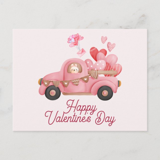 Valentine's Day Vintage Pink Truck and Balloons Postcard (Front)