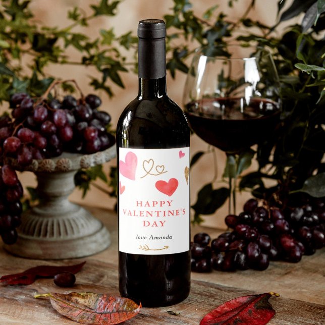 Valentine's Day Watercolor Heart Wine Label (Personalize you Valentine's Day wine bottle with this customizable label. Perfect for gifts.)