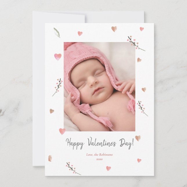 Valentine's Day Watercolor Hearts Baby Photo Holiday Card (Front)