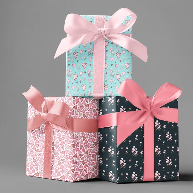 Valentine's Day Watercolor Hearts Flowers Pattern  Wrapping Paper Sheet (Creator Uploaded)