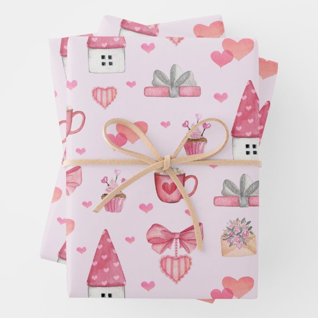 Valentine's Day Watercolor Pattern Pink  Wrapping Paper Sheet (In situ)