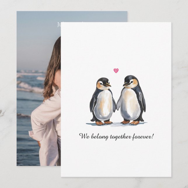 Valentines Day Watercolor Penguins And Photo Holiday Card (Front/Back)