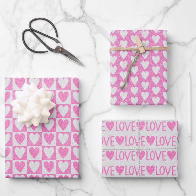 Valentine's Day Wedding Pink White Glitter Hearts  Wrapping Paper Sheet (Front)