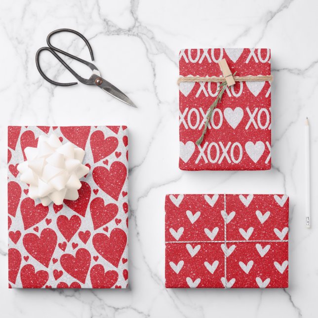 Valentine's Day Wedding Red White Glitter Hearts W Wrapping Paper Sheet (Front)