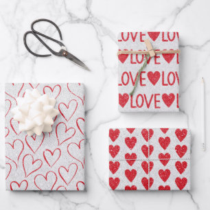 Valentine's Day Wedding Red White Glitter Hearts Wrapping Paper Sheet