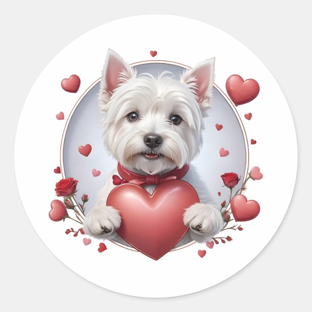Valentine's Day Westie with heart Classic Round Sticker (Front)