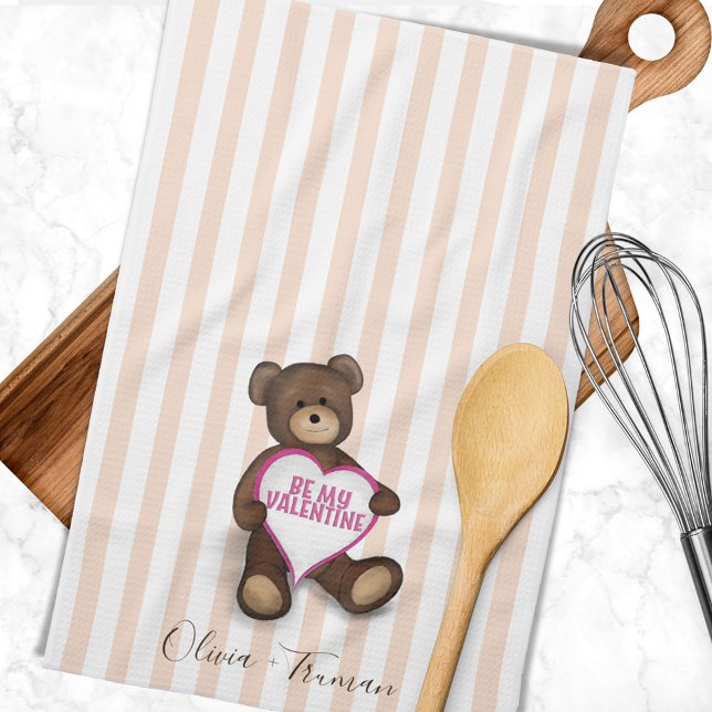 Valentine's Day Whimsical Cute Teddy Bear Tea Towel (Be my Valentine's cute kitchen towel.)