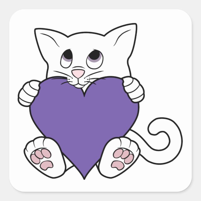 Valentine's Day White Cat with Purple Heart Square Sticker (Front)