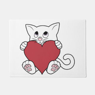 Valentine's Day White Cat with Red Heart Doormat