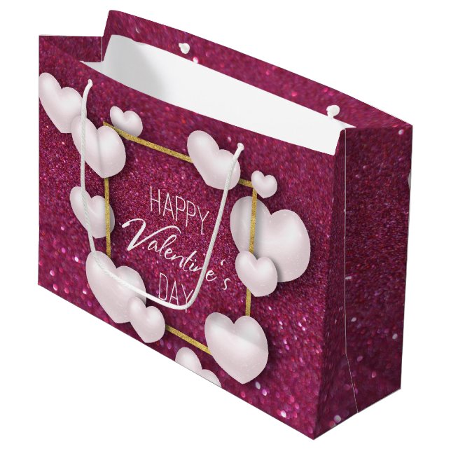 Valentine's Day White Heart Glitter Large Gift Bag (Front Angled)