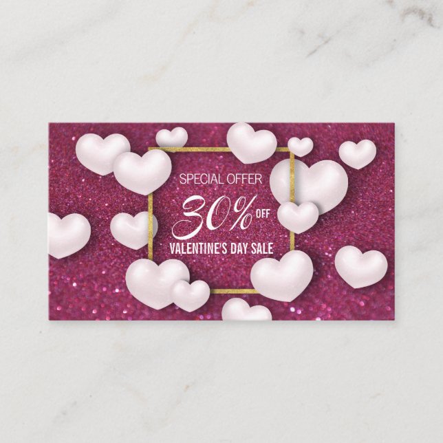 Valentine's Day White Hearts Glitter Discount Card (Front)