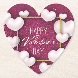 Valentine's Day White Hearts Glitter Paper Coaster