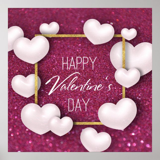 Valentine's Day White Hearts Glitter Poster Print (Front)