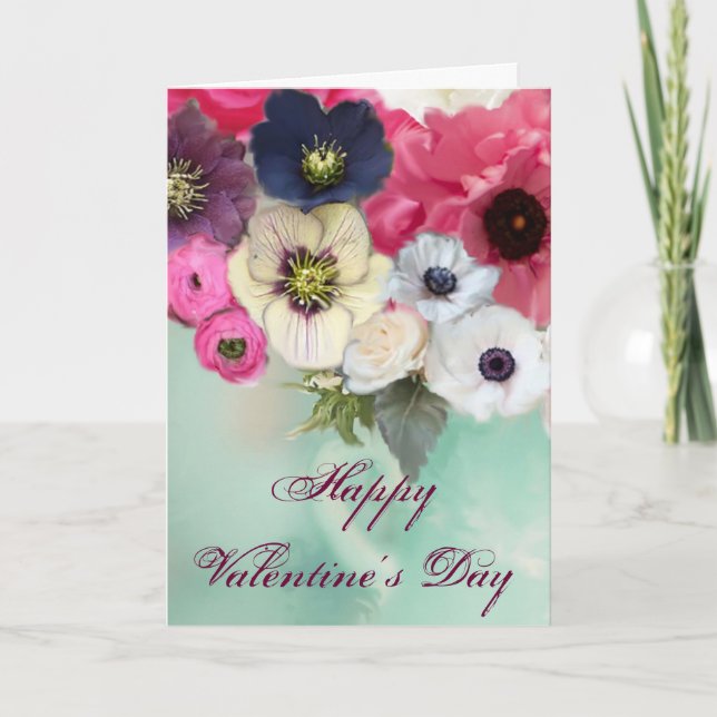 VALENTINE'S DAY WHITE PINK ROSES, ANEMONE FLOWERS HOLIDAY CARD (Front)
