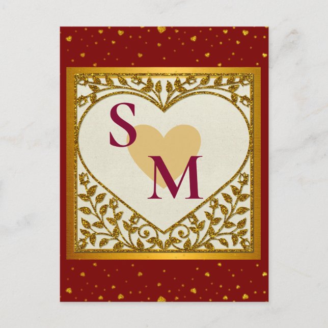 Valentine's Day with Red Initial and Gold Heart Postcard (Front)